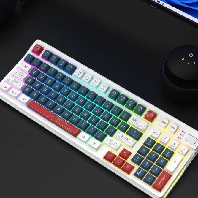 Three-color luminous mechanical keyboard with RGB keys on white frame on Tampa Home & Garden Store
