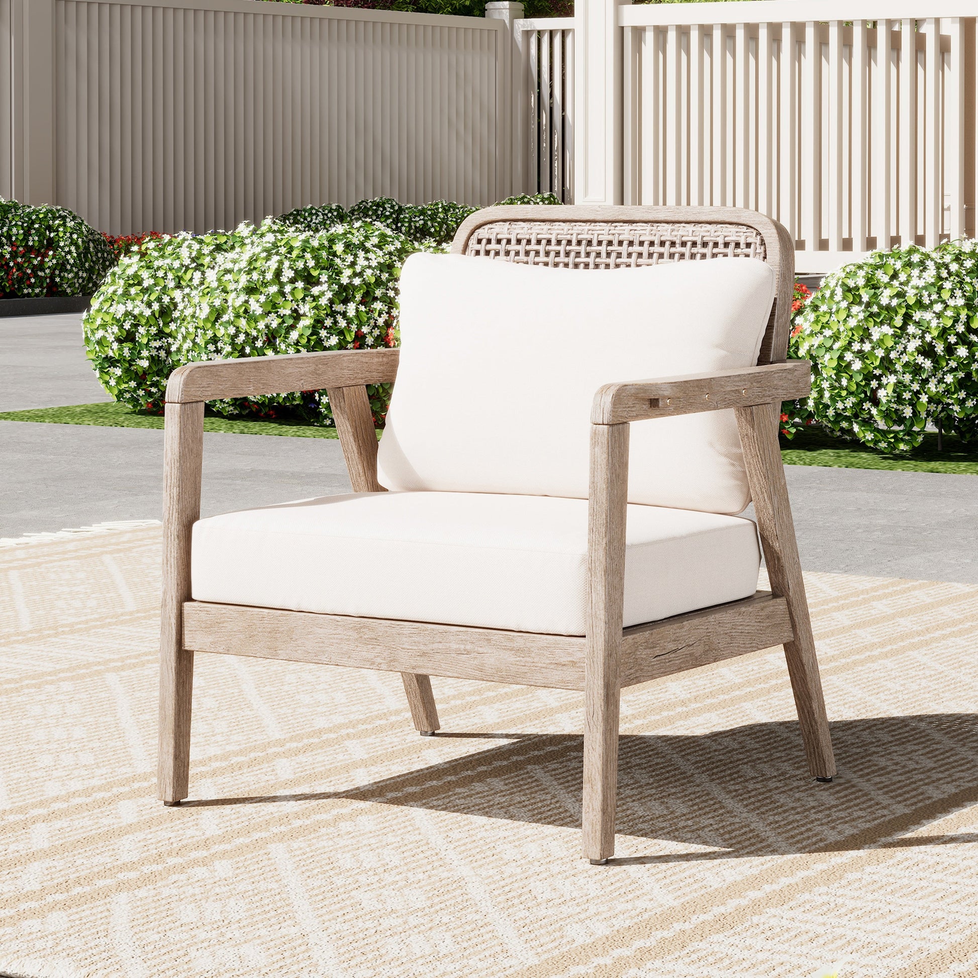 Outdoor Acacia Wood Patio Club Chair with beige cushion by HouseOfZazla for patio seating on Tampa Home & Garden Store