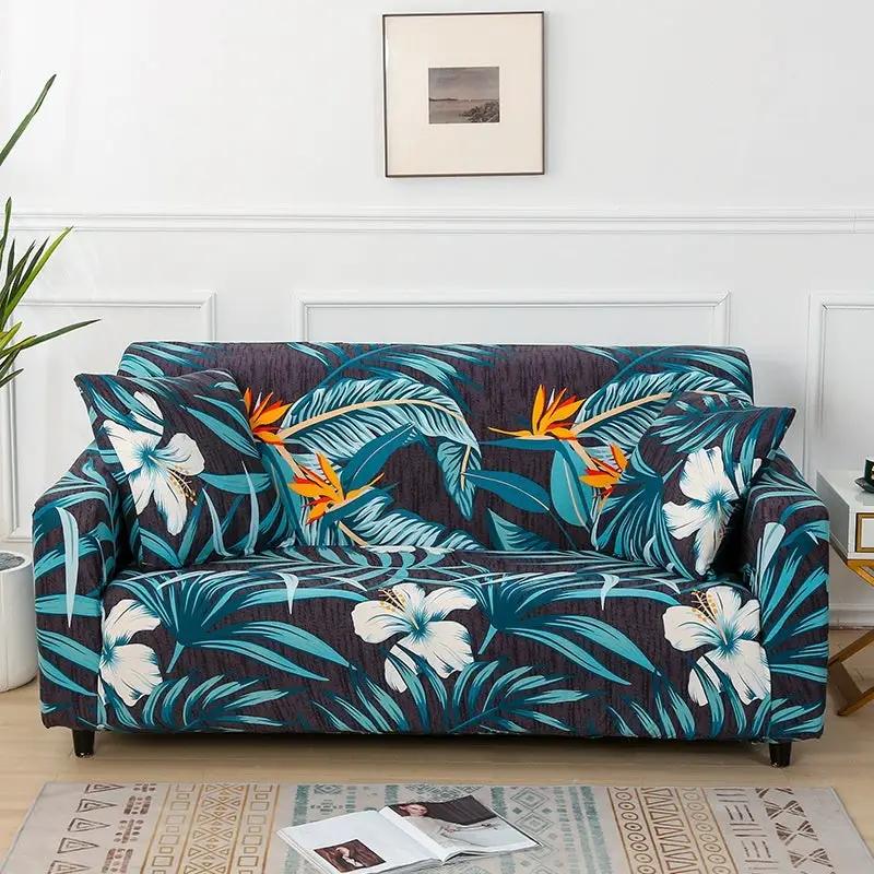 Sofa cover elastic all-inclusive tropical floral print with navy background and teal leaves on Tampa Home & Garden Store