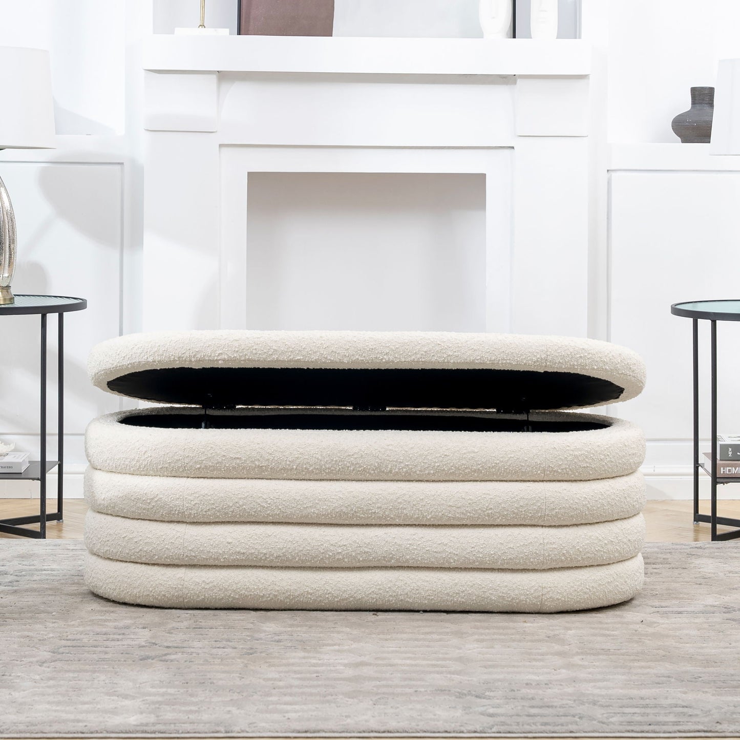 Fuji upholstered oval storage bench beige boucle with rounded cushions on Tampa Home & Garden Store