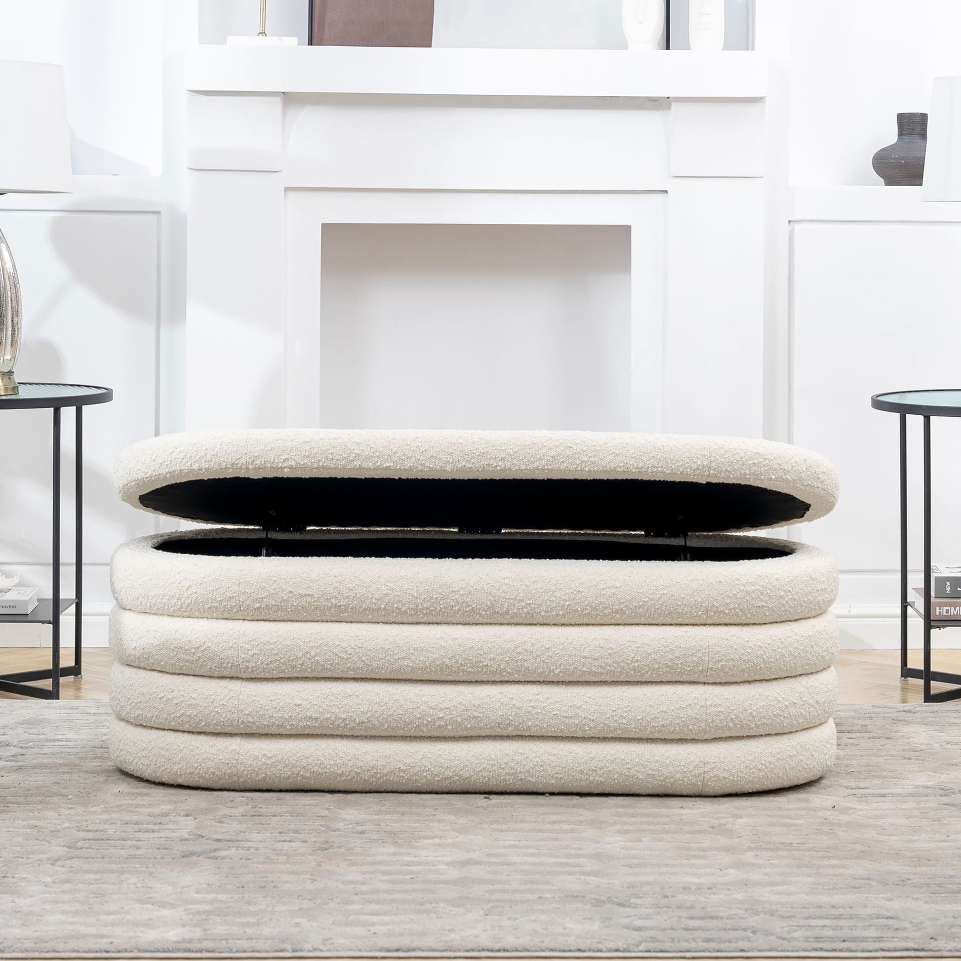 Fuji upholstered oval storage bench beige boucle with rounded cushions on Tampa Home & Garden Store
