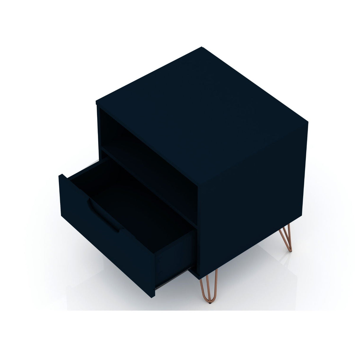 Rockefeller Nightstand with 1 Drawer in navy blue finish and copper splayed legs on Tampa Home & Garden Store