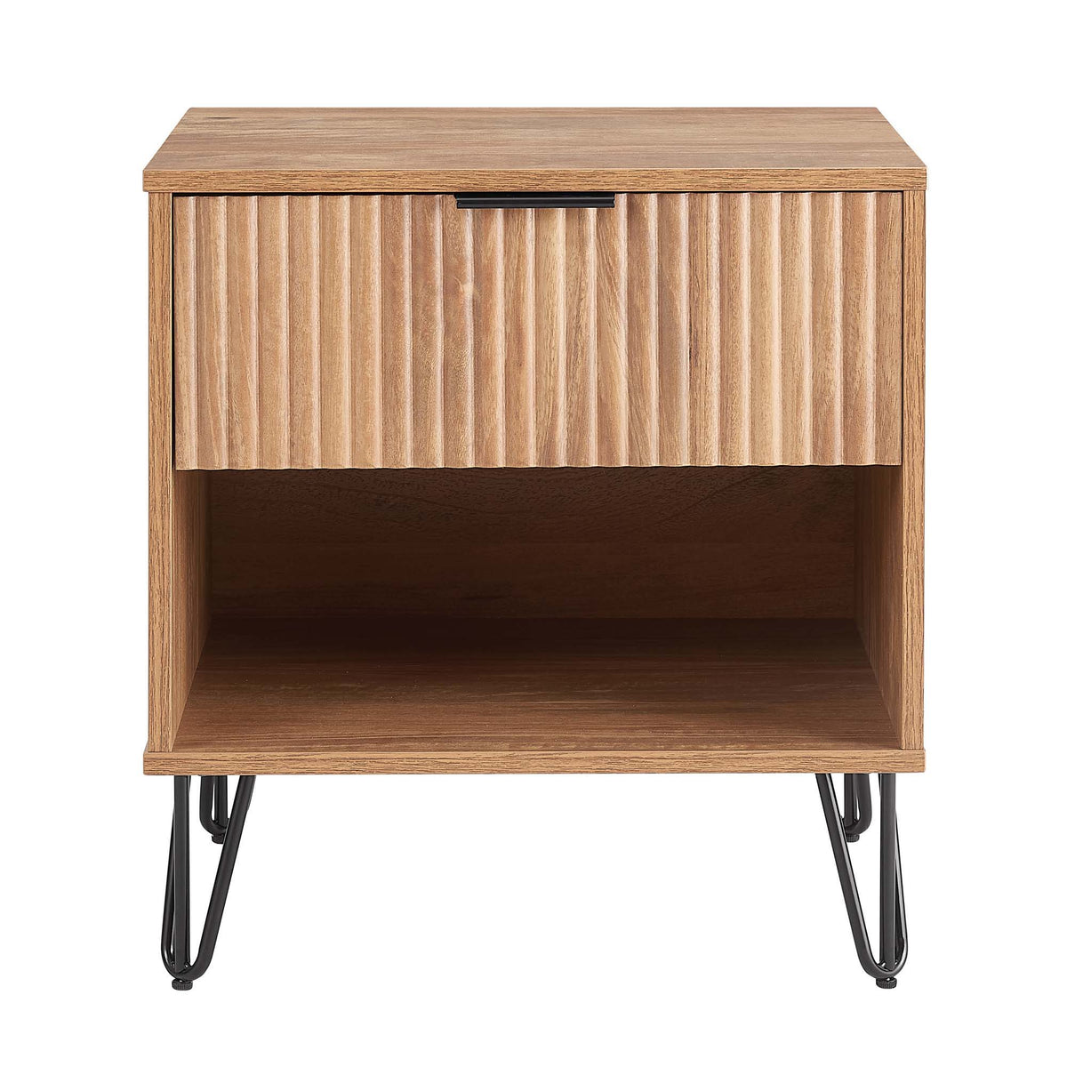 Modern nightstand with fluted drawer front in oak, black handle, hairpin legs by HouseOfZazla on Tampa Home & Garden Store