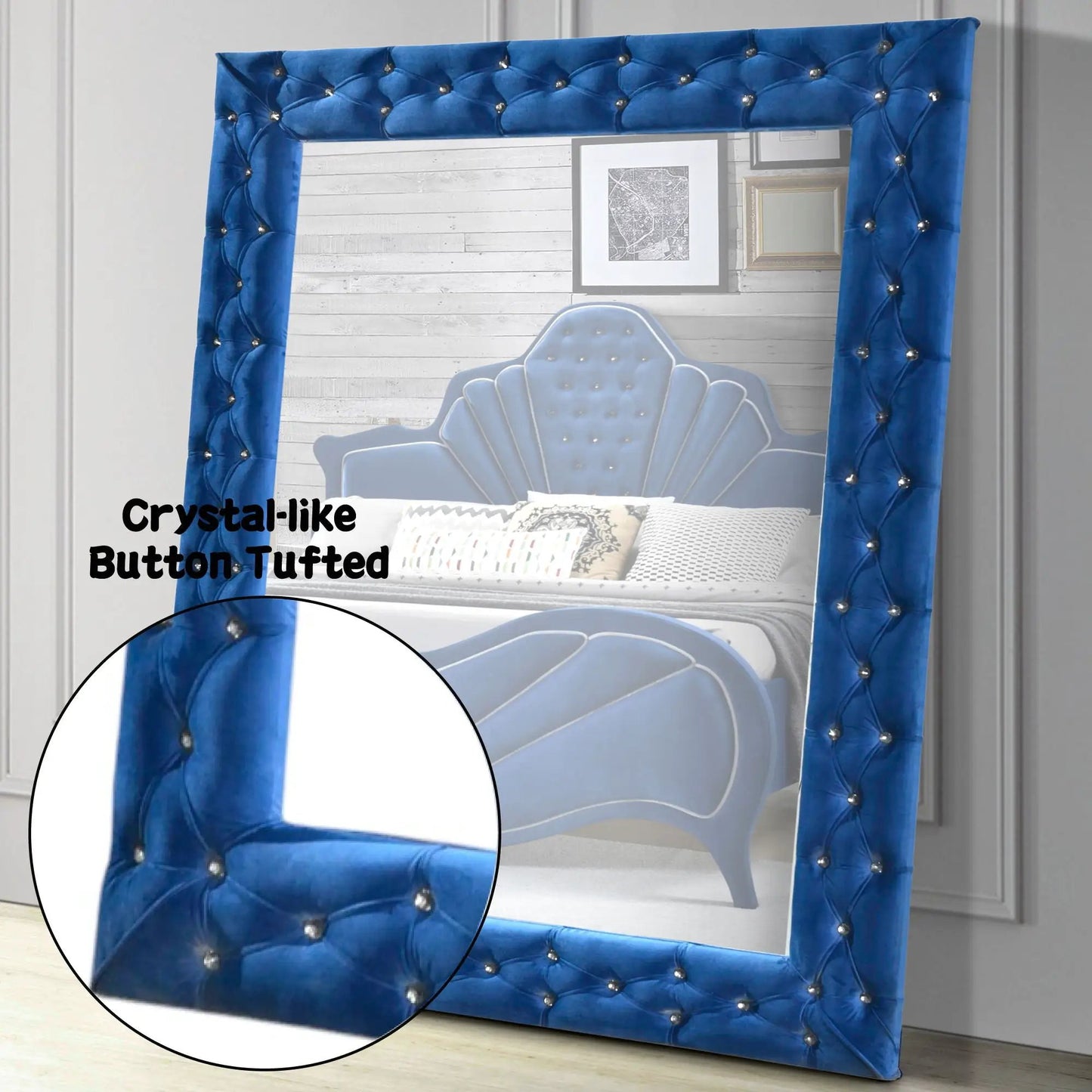 Dante Floor Mirror by Unique Piece Furniture in a blue velvet tufted frame with crystal buttons on Tampa Home & Garden Store