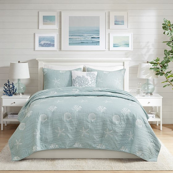 Cotton reversible embroidered quilt set in aqua with shell and starfish motifs plus throw pillow on Tampa Home & Garden Store