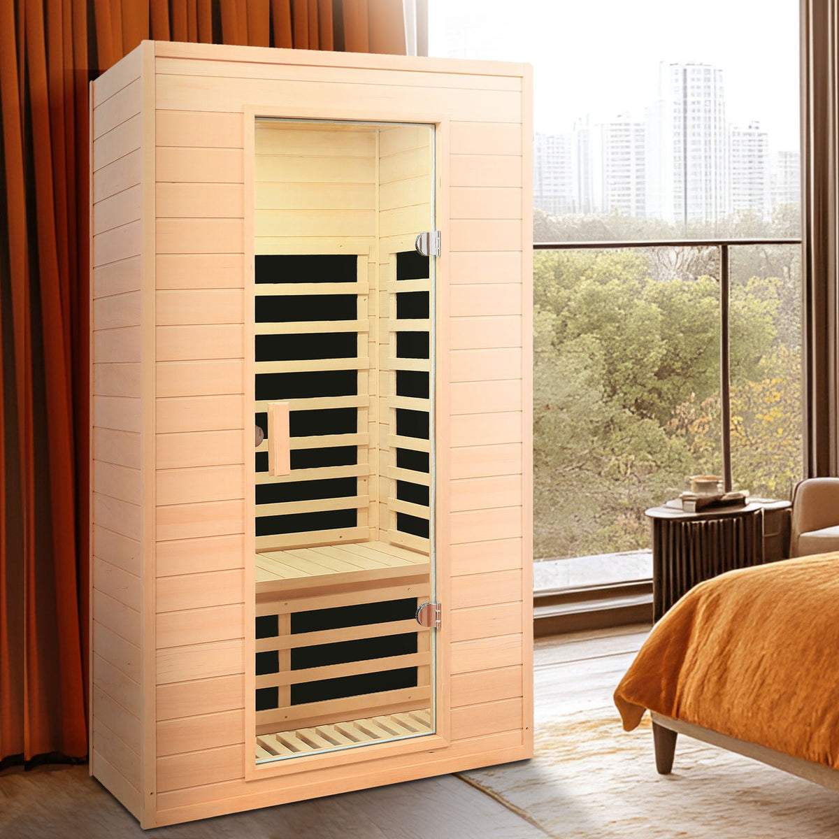 Hemlock far infrared indoor sauna with LCD controls in light brown by HouseOfZazla on Tampa Home & Garden Store