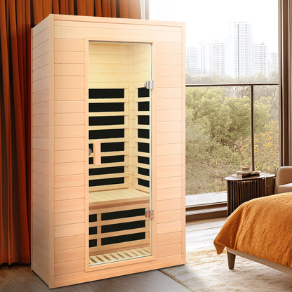 Hemlock far infrared indoor sauna with LCD controls in light brown by HouseOfZazla on Tampa Home & Garden Store