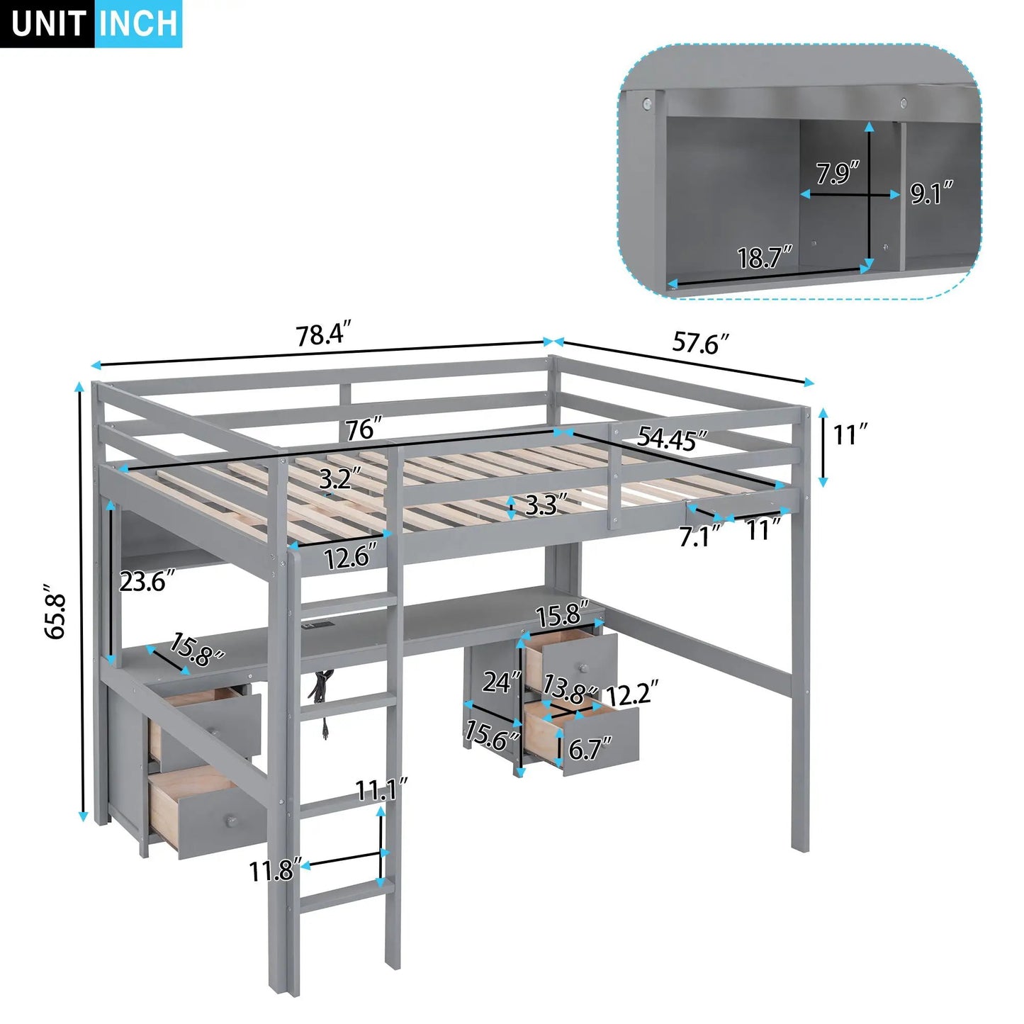 Loft Bed With Desk and Storage Charging Station