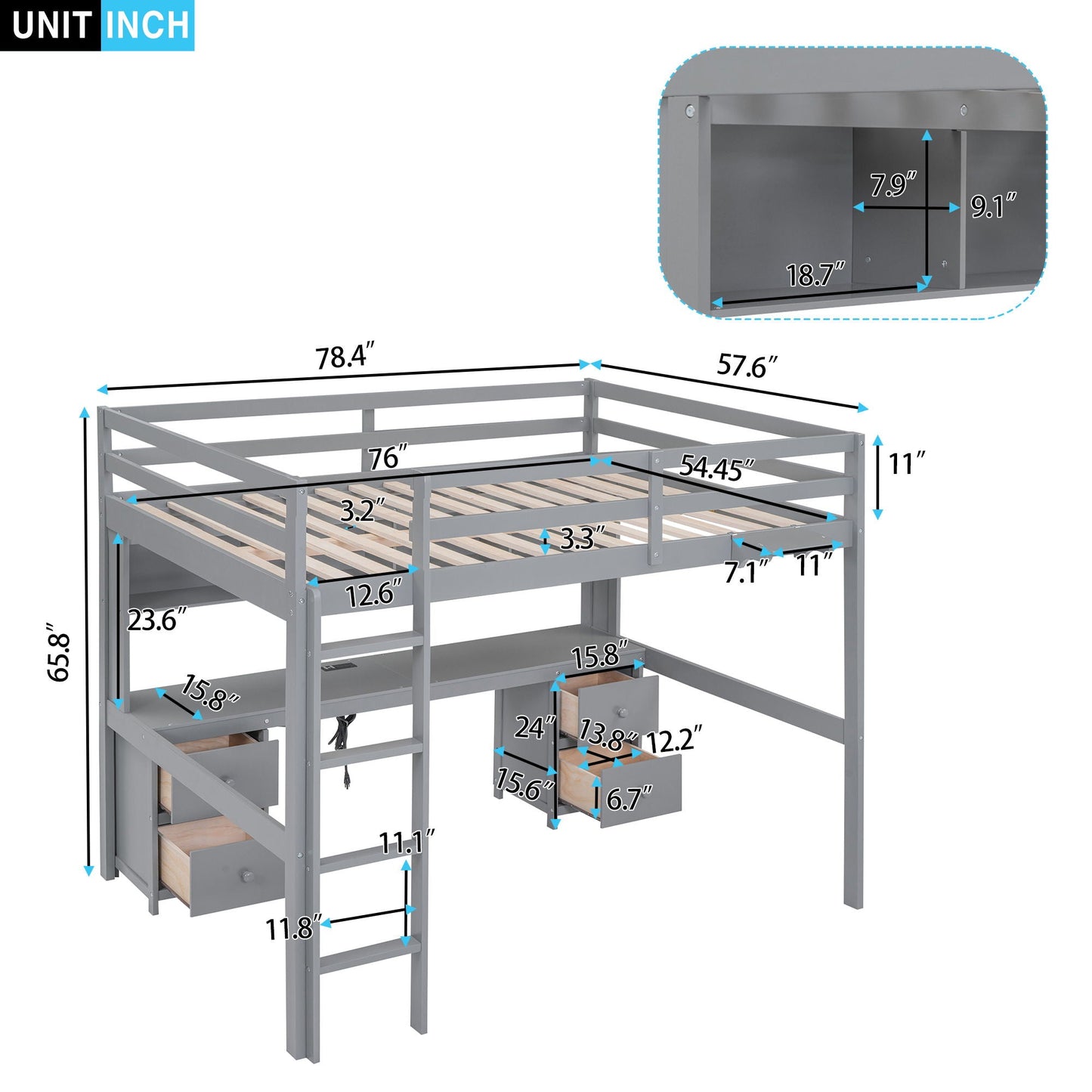Loft bed with desk and storage by HouseOfZazla in gray metal; cabinets, drawers, charging tray on Tampa Home & Garden Store