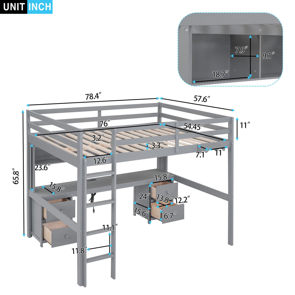 Loft bed with desk and storage by HouseOfZazla in gray metal; cabinets, drawers, charging tray on Tampa Home & Garden Store