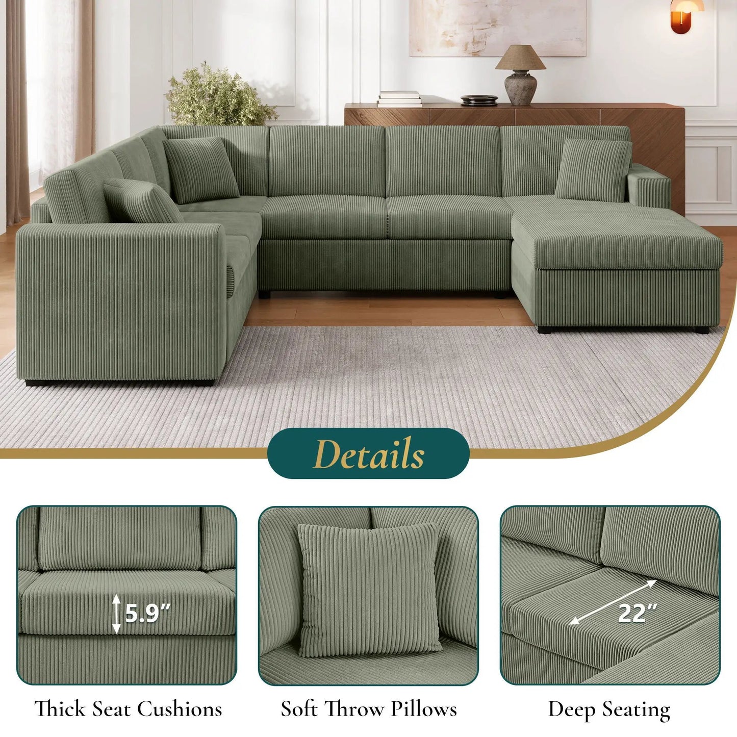Oversized U-Shaped Sectional Sofa in green corduroy with chaise and three throw pillows on Tampa Home & Garden Store