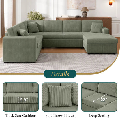 Oversized U-Shaped Sectional Sofa in green corduroy with chaise and three throw pillows on Tampa Home & Garden Store