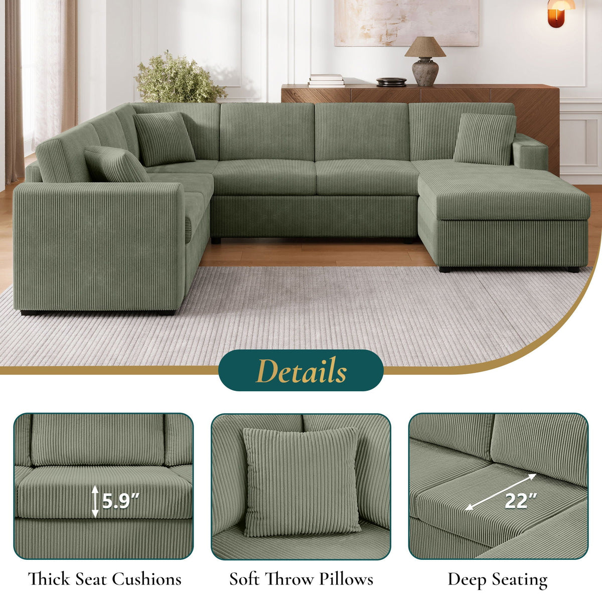 Oversized U-shaped sectional sofa chaise in sage green fabric and three soft throw pillows on Tampa Home & Garden Store