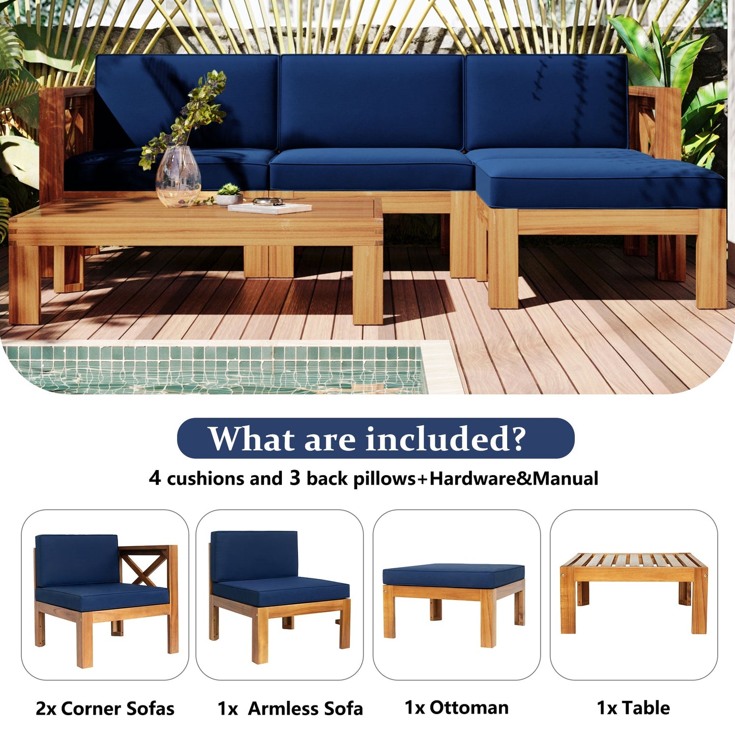 Topmax Outdoor Wood Sectional Sofa and Cushions