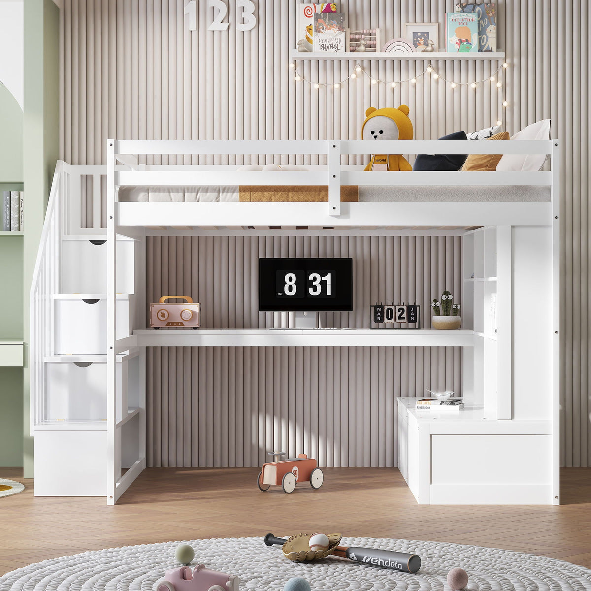 White full-size loft bed with desk, shelves and two built-in drawers with storage staircase on Tampa Home & Garden Store
