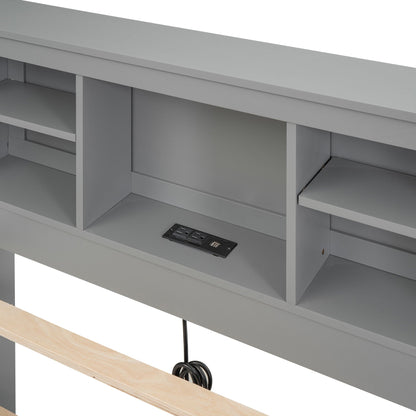 Platform bed with 3 drawers and open cubby storage, gray finish, USB power panel on Tampa Home & Garden Store