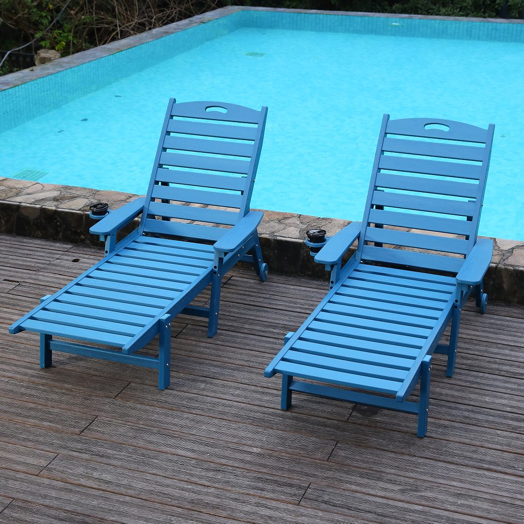 HDPE Chaise Lounge Chairs with adjustable backrests in blue poolside pair on Tampa Home & Garden Store