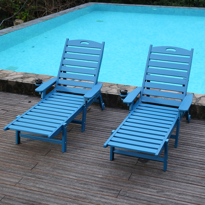HDPE Chaise Lounge Chairs with adjustable backrests in blue poolside pair on Tampa Home & Garden Store