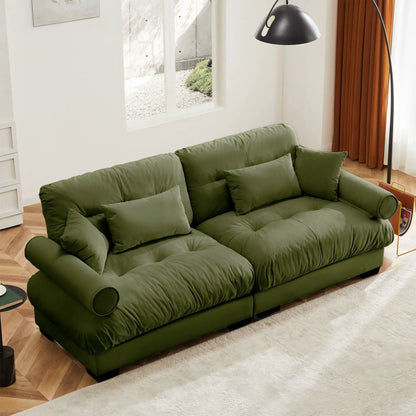 Modern Sofa With Bolstered Armrests And Pillows in olive green fabric upholstery on Tampa Home & Garden Store