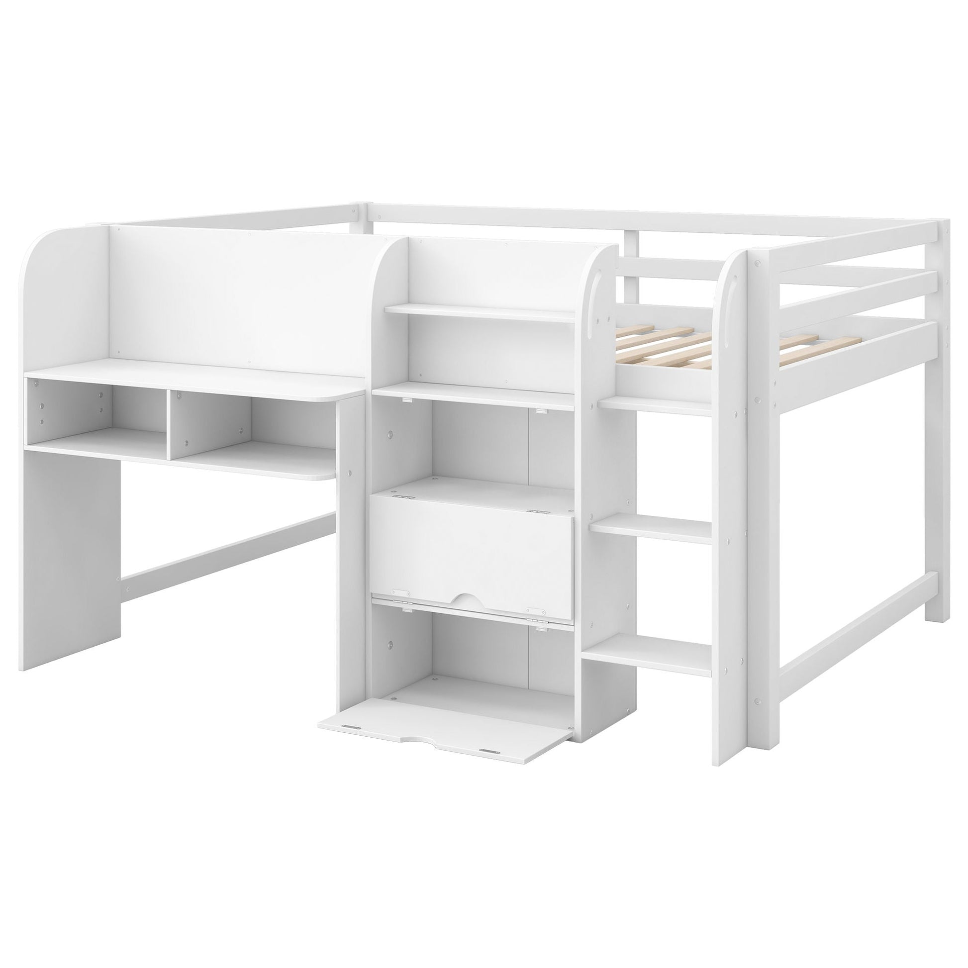 Low loft bed with built-in desk, open bookcase and storage cabinets by HouseOfZazla on Tampa Home & Garden Store