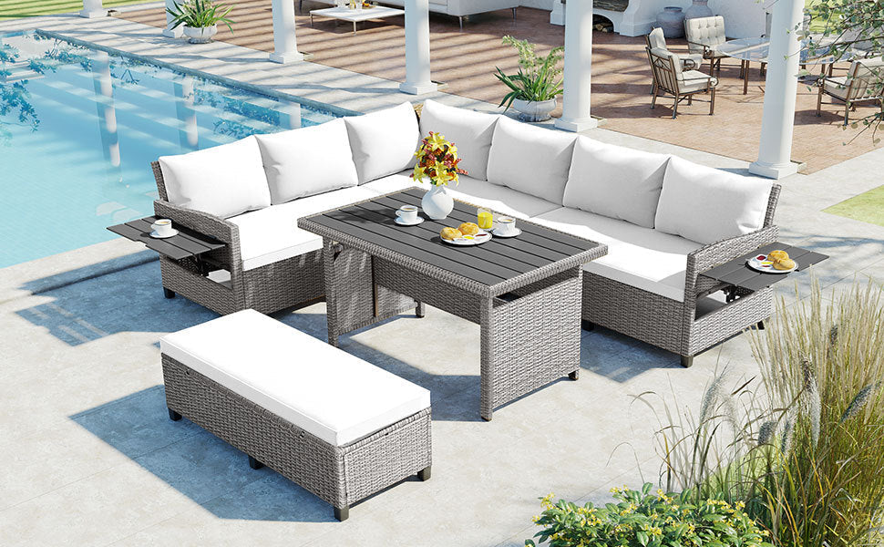 Tomax 5-Piece Outdoor Patio Rattan Sofa Set by HouseOfZazla gray wicker with white cushions on Tampa Home & Garden Store