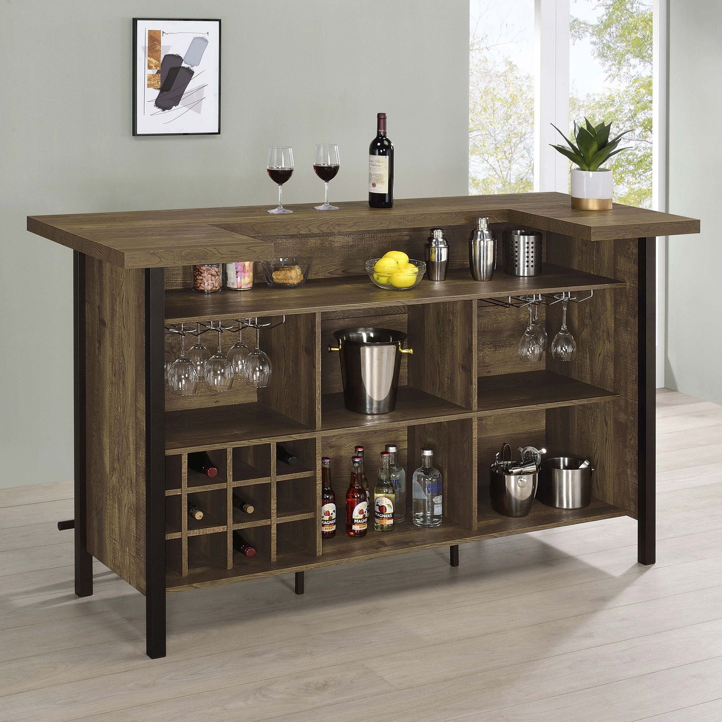 Lampton freestanding oak home bar with open shelving, wine bottle and two glasses on top on Tampa Home & Garden Store