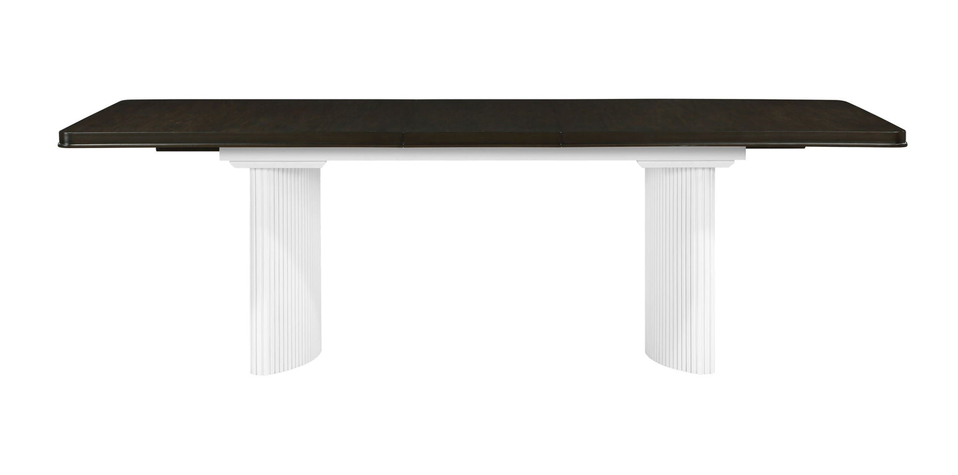 Carene dining table with leaf featuring brown wood top and white fluted pedestal legs on Tampa Home & Garden Store