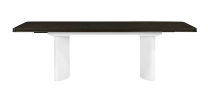 Carene dining table with leaf featuring brown wood top and white fluted pedestal legs on Tampa Home & Garden Store