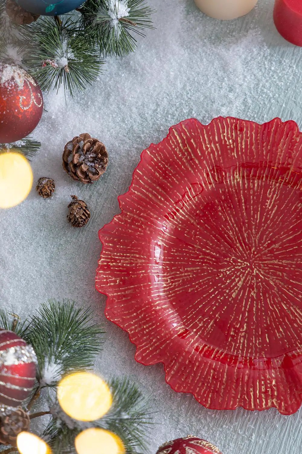 Plastic charger plate red with gold radiating texture by Unique Piece Furniture on Tampa Home & Garden Store