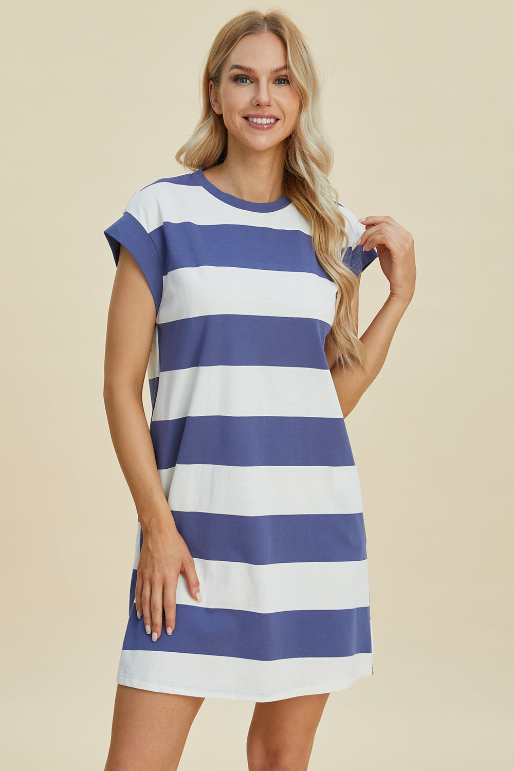 Full Size Striped Round-Neck Cap-Sleeve Mini Dress by Stevvex in blue and white on Tampa Home & Garden Store