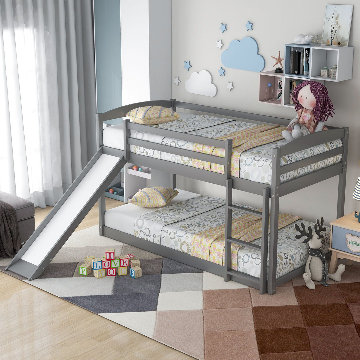Durable Bunk Bed With Convertible Slide And Ladder, gray metal frame HouseOfZazla on Tampa Home & Garden Store