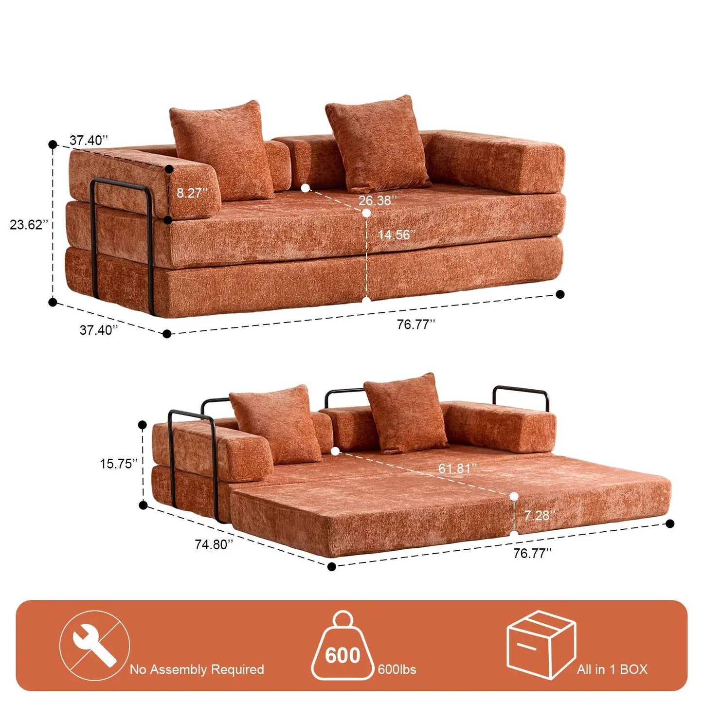 Convertible Floor Sofa Bed with Armrest