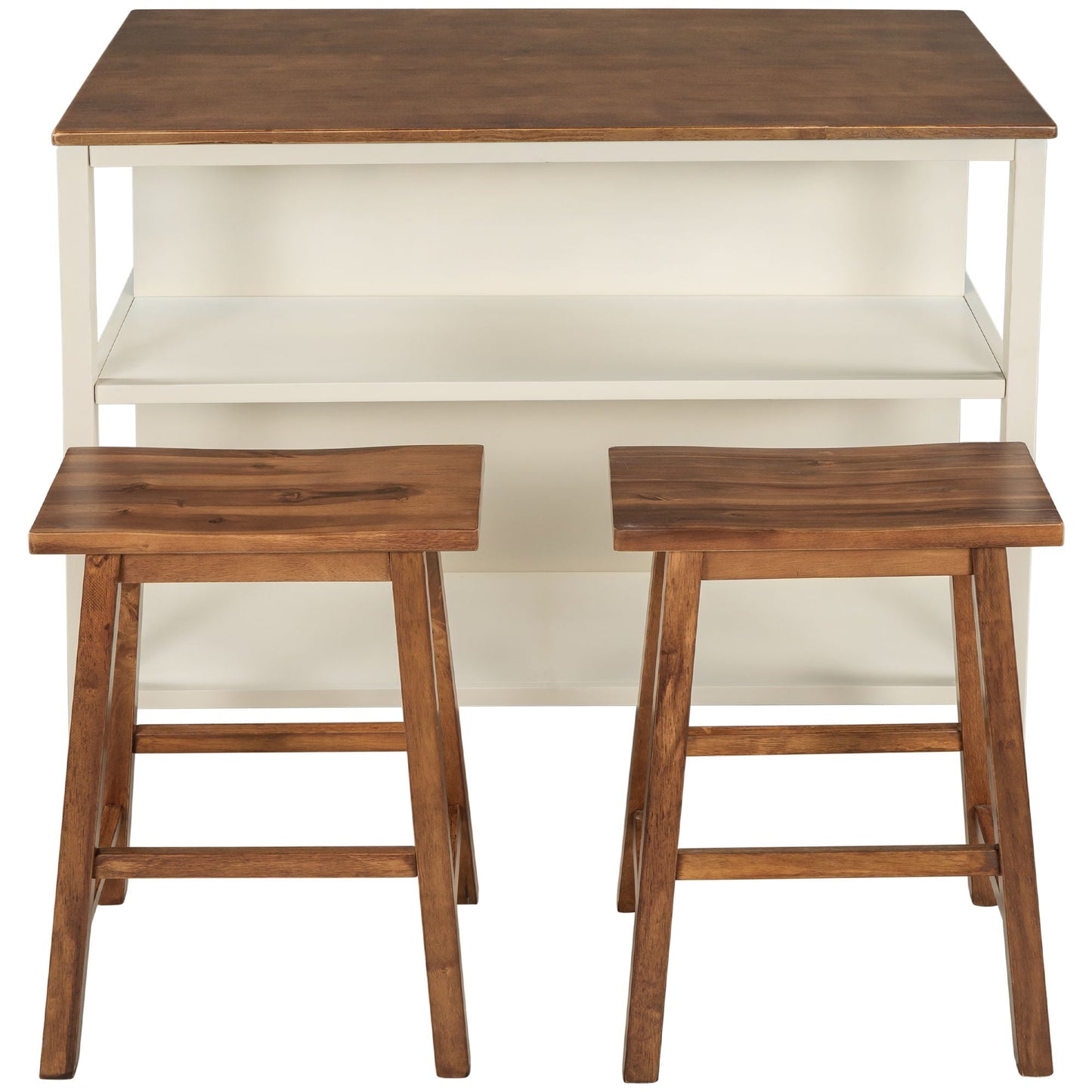 Rustic Kitchen Island and Two Wooden Bar Stools
