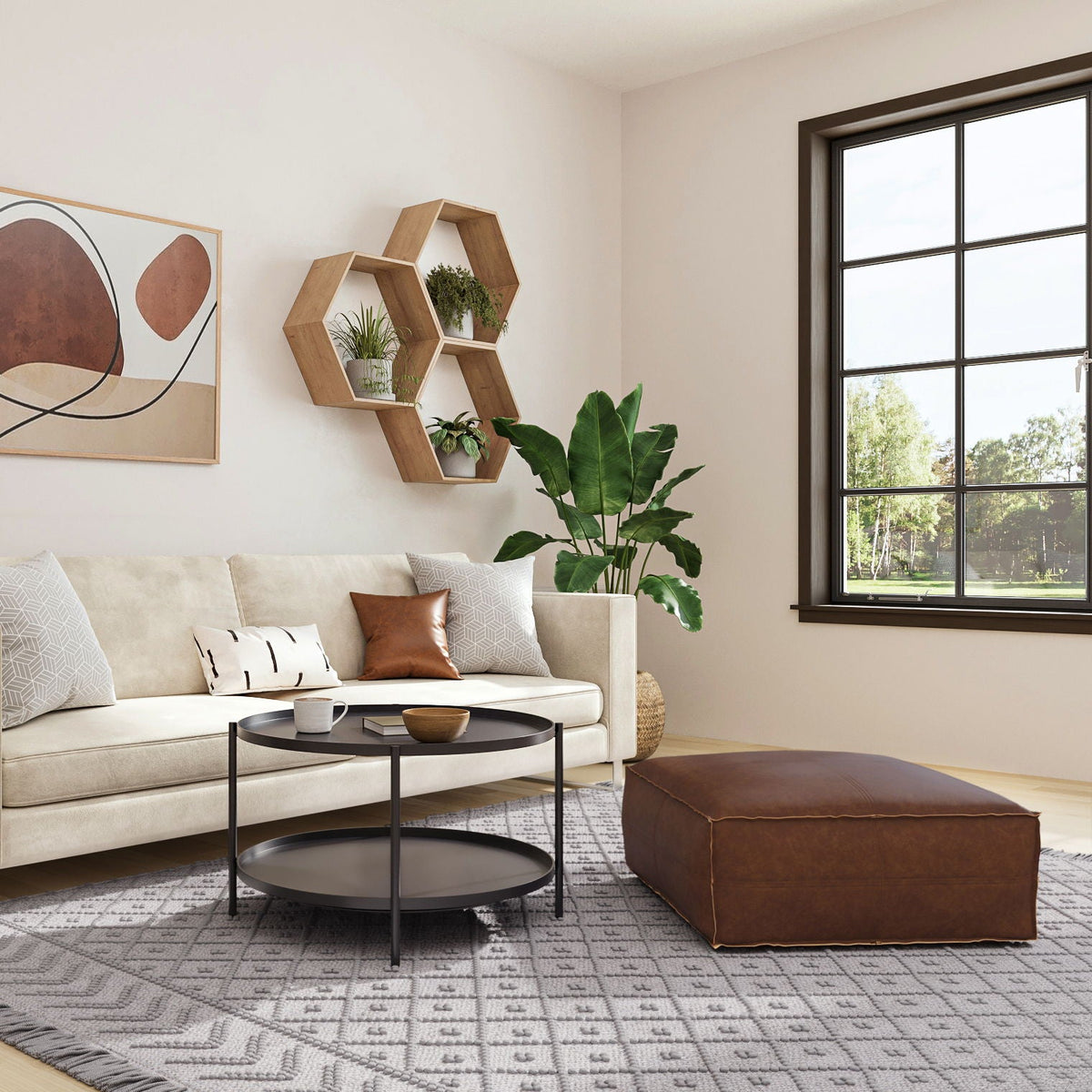 Large square coffee table pouf with vegan cover, brown faux leather, HouseOfZazla on Tampa Home & Garden Store