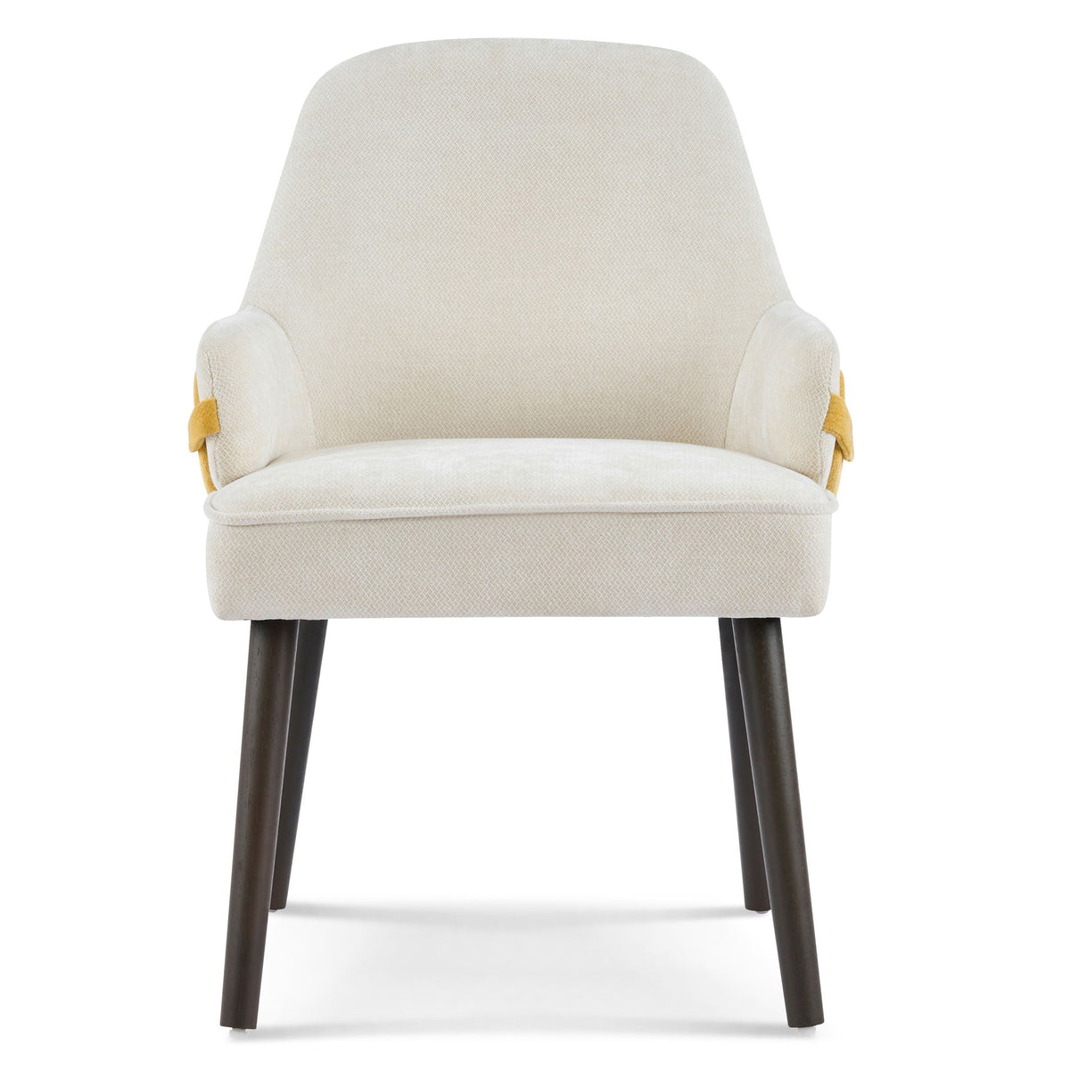 Beige upholstered indoor dining chair with yellow accent side ties and dark wood legs on Tampa Home & Garden Store