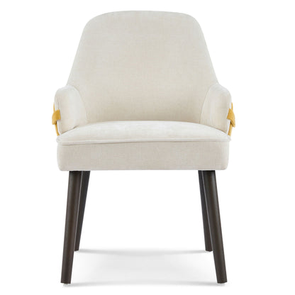 Beige upholstered indoor dining chair with yellow accent side ties and dark wood legs on Tampa Home & Garden Store