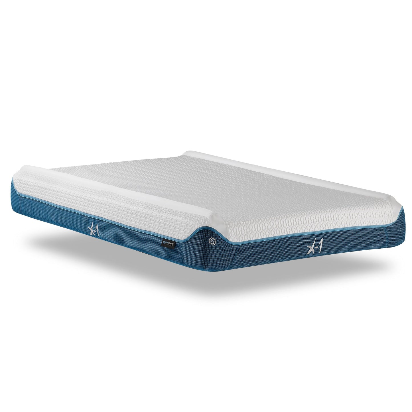 BedGear X-1 Edge full mattress by HouseOfZazla with blue base and white quilted top, boxed on Tampa Home & Garden Store
