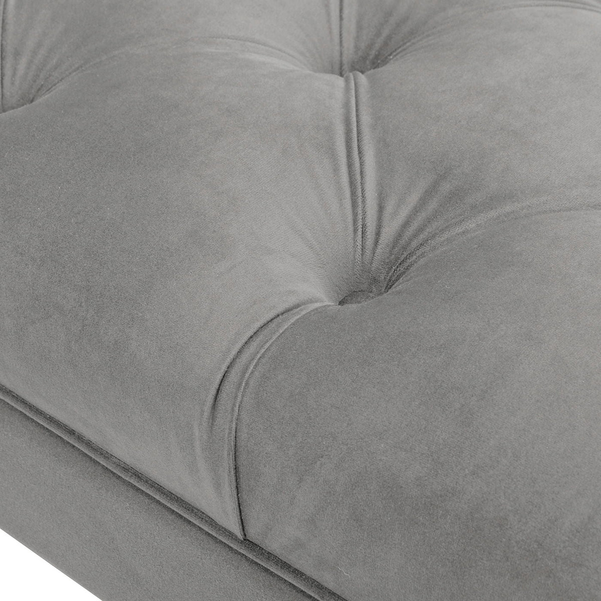 Grey velvet tufted entryway bench cushion close-up on Tampa Home & Garden Store