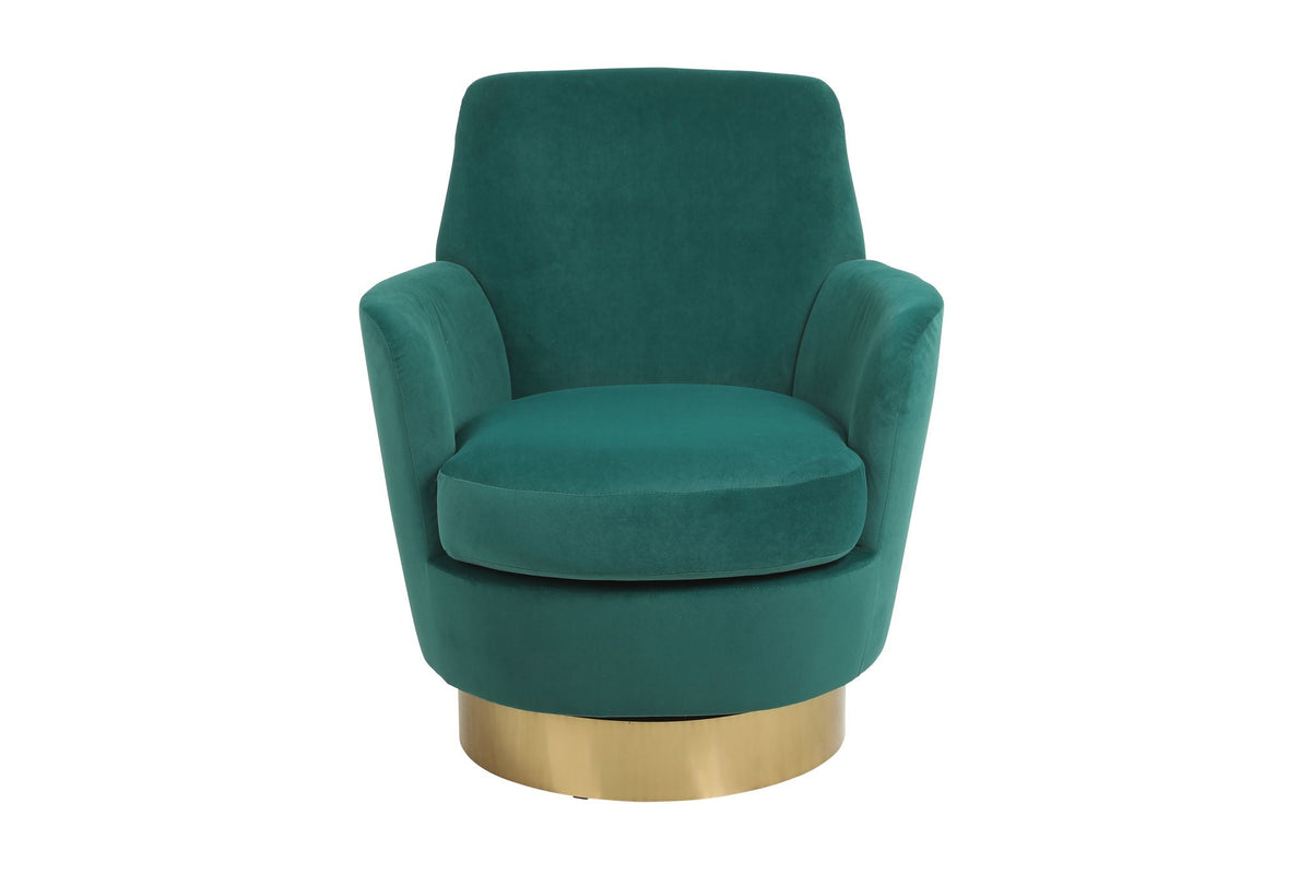 Teddy Swivel Barrel Chair by HouseOfZazla in emerald green velvet with a brass pedestal base on Tampa Home & Garden Store