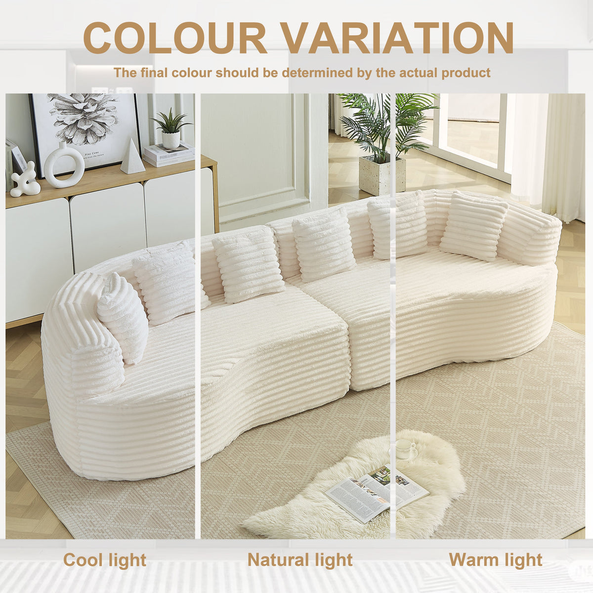 Curved sectional sofa by HouseOfZazla 111.5-inch modern design in white ribbed fabric on Tampa Home & Garden Store