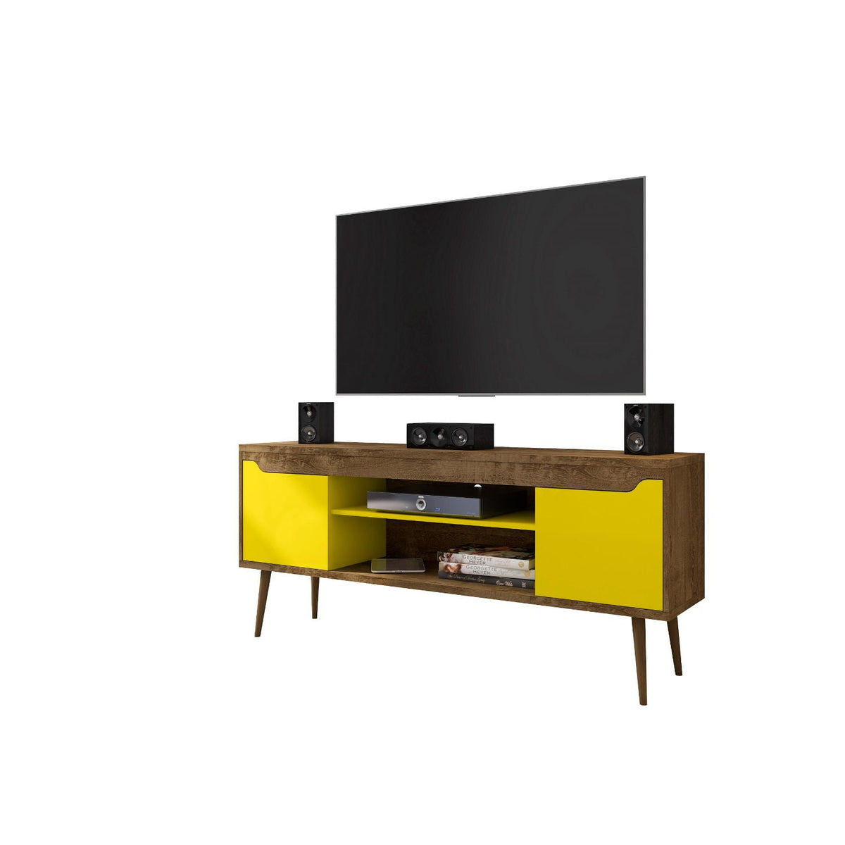 Modern Design TV Stand with Concealed Storage in yellow cabinet doors and wood top HouseOfZazla on Tampa Home & Garden Store