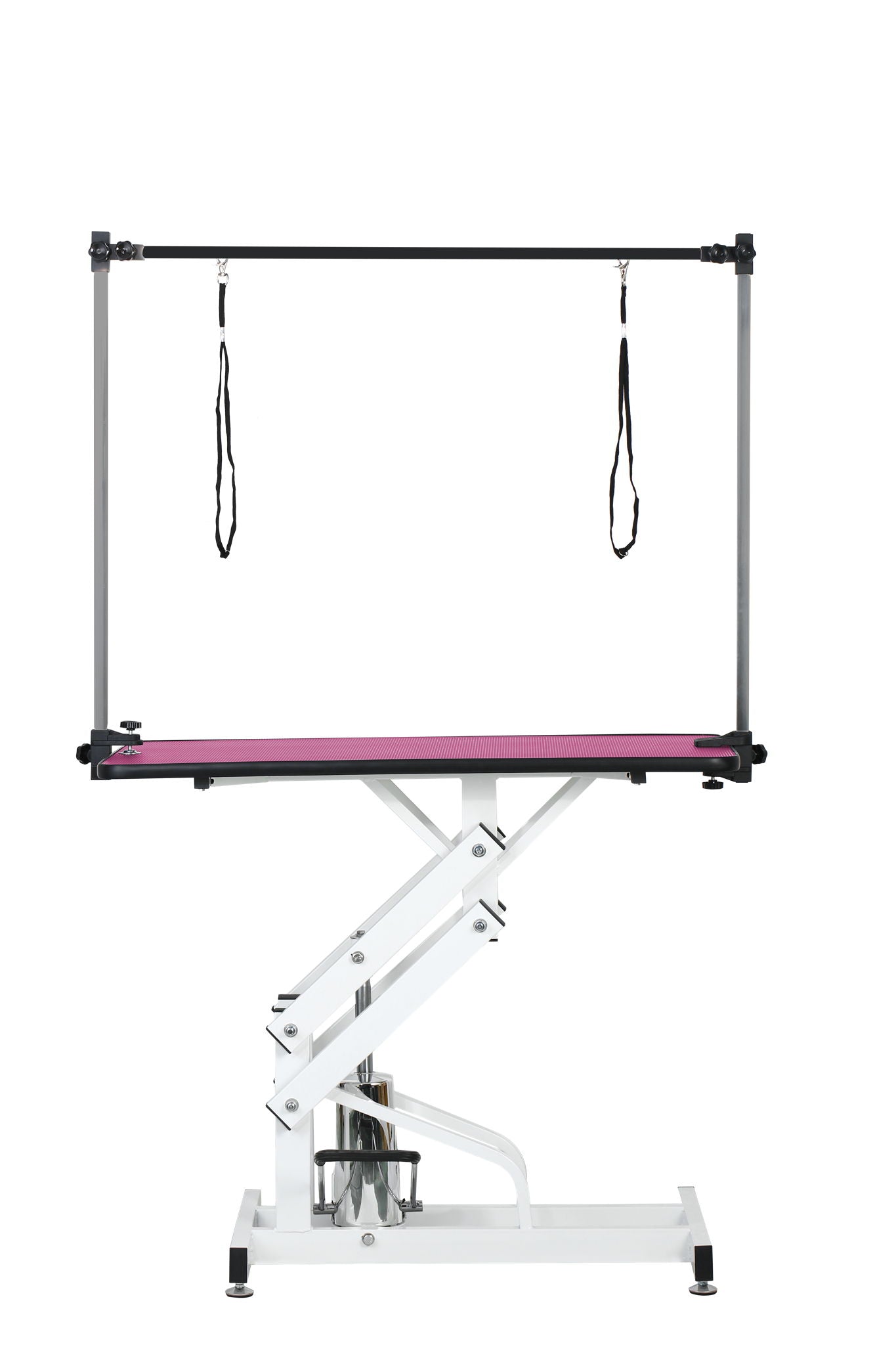Hydraulic Pet Grooming Table with H Arm, pink non-slip top, white scissor lift base on Tampa Home & Garden Store