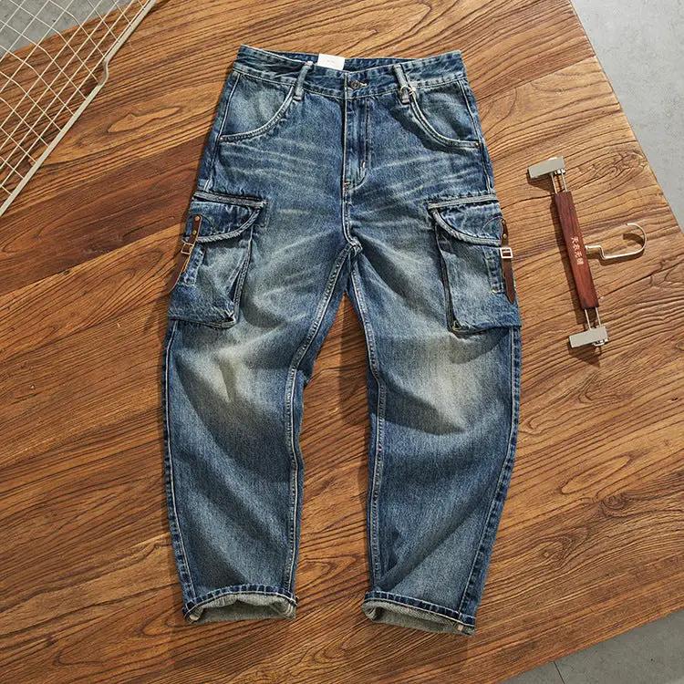 Heavyweight cargo jeans for men in blue denim with loose straight fit by FLIPSTYLEZLLC on Tampa Home & Garden Store