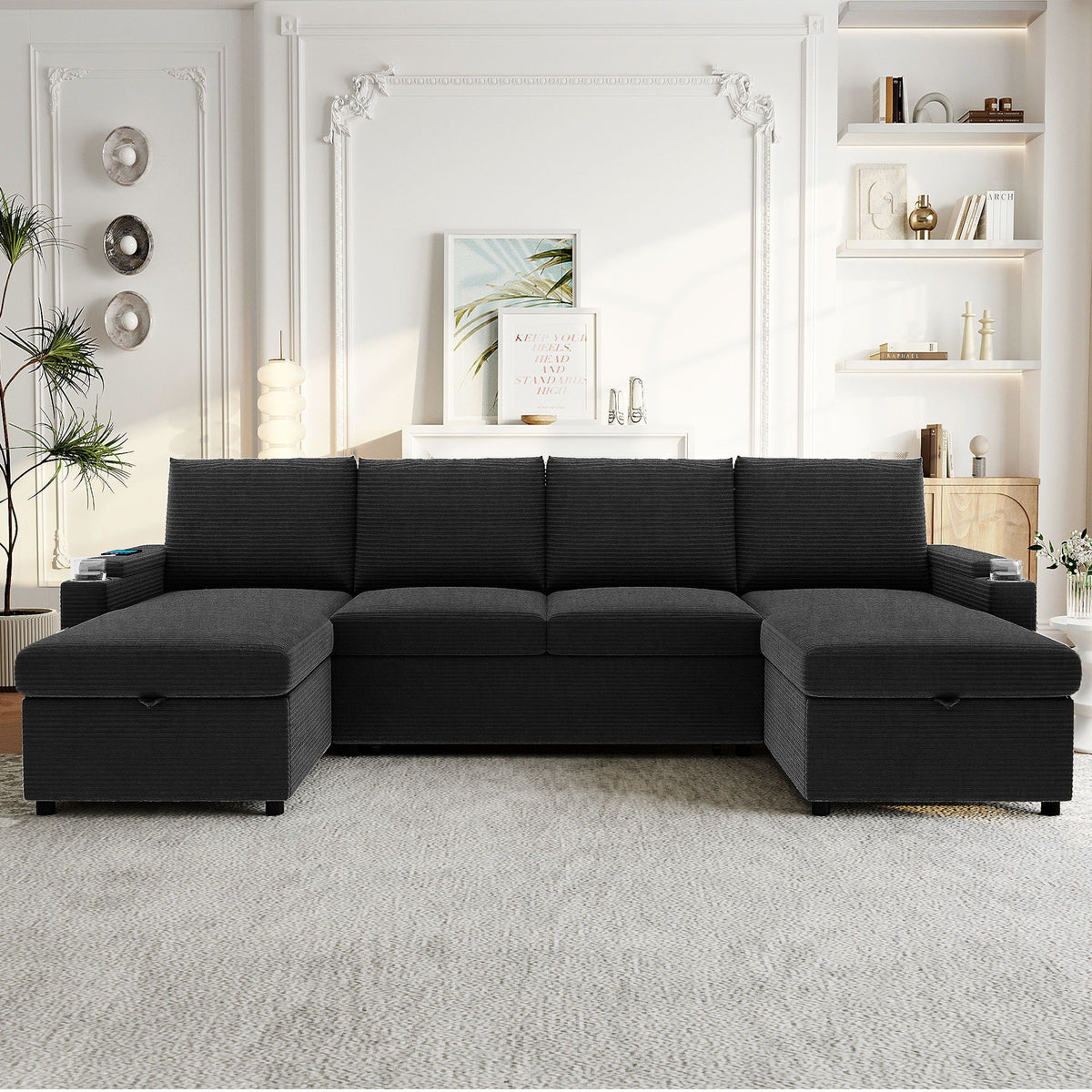 U-shaped sleeper sectional sofa in dark charcoal fabric with storage chaise on Tampa Home & Garden Store