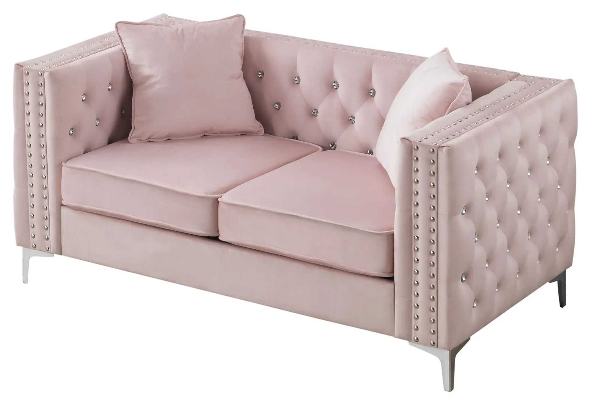 Blush pink velvet track-arm loveseat with tufted back, crystal buttons, nailhead trim, two cushions on Tampa Home & Garden Store
