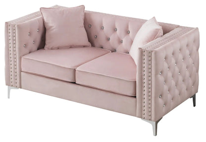 Blush pink velvet track-arm loveseat with tufted back, crystal buttons, nailhead trim, two cushions on Tampa Home & Garden Store