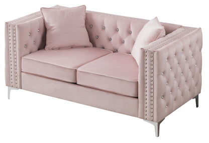 Elegant Track Arm Stationary Loveseat pink micro suede HouseOfZazla with buttons and stud trim 2 pillows on Tampa Home & Garden Store