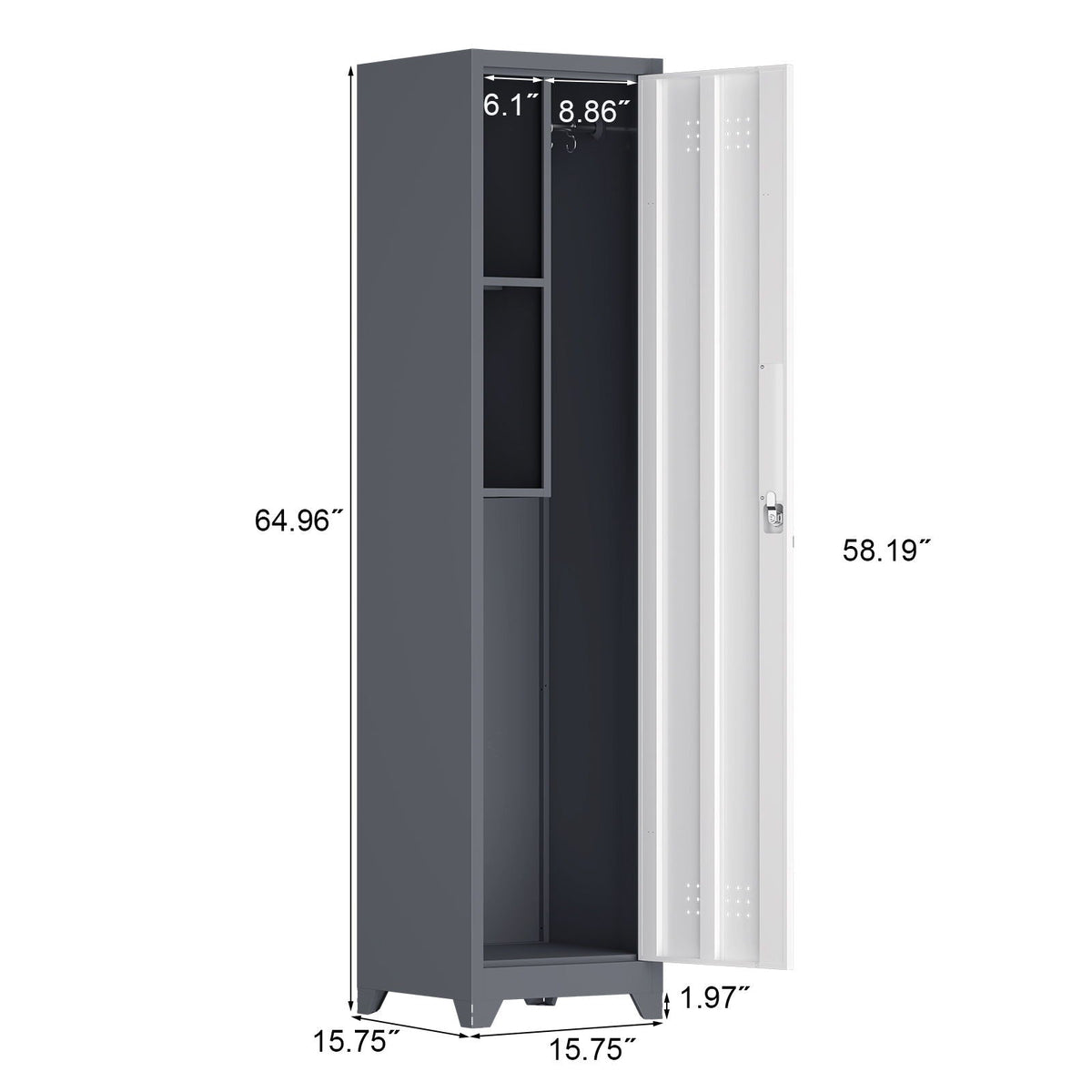 HouseOfZazla Broom Storage Cabinet Narrow Slim with Hooks and Shelves, heavy-duty gray metal on Tampa Home & Garden Store