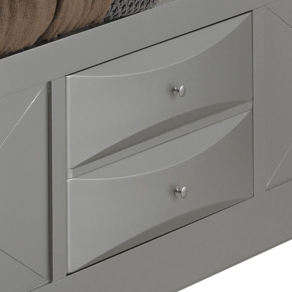 Modern design storage bed with bookcase headboard, gray finish, curved two-drawer fronts on Tampa Home & Garden Store
