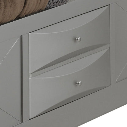 Modern design storage bed with bookcase headboard, gray finish, curved two-drawer fronts on Tampa Home & Garden Store